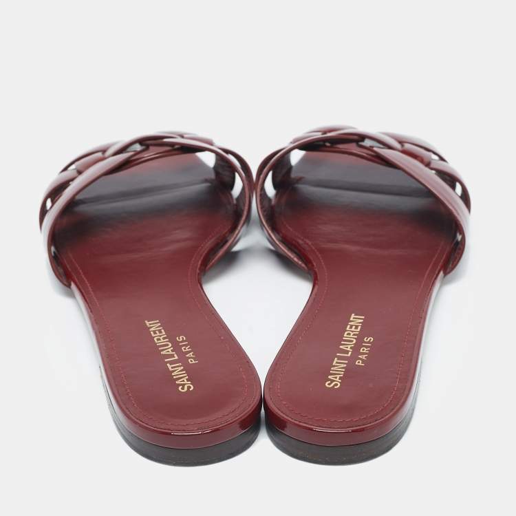 Pre Owned Saint Laurent Burgundy Patent Leather Tribute Flat Slides Size 40