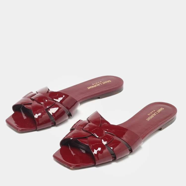 Pre Owned Saint Laurent Burgundy Patent Leather Tribute Flat Slides Size 40