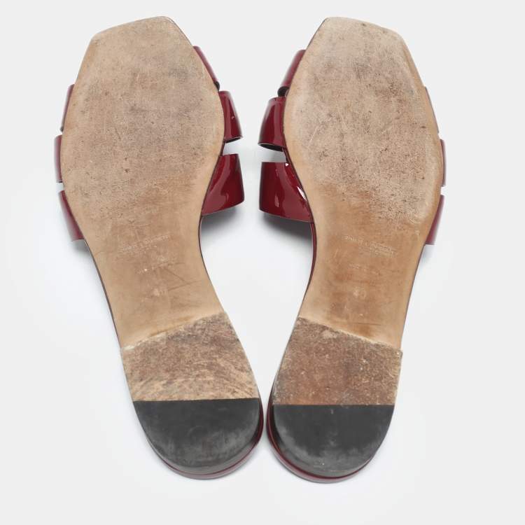 Pre Owned Saint Laurent Burgundy Patent Leather Tribute Flat Slides Size 40