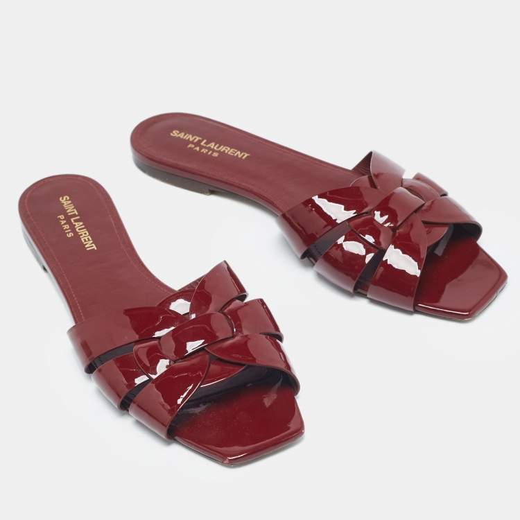 Pre Owned Saint Laurent Burgundy Patent Leather Tribute Flat Slides Size 40