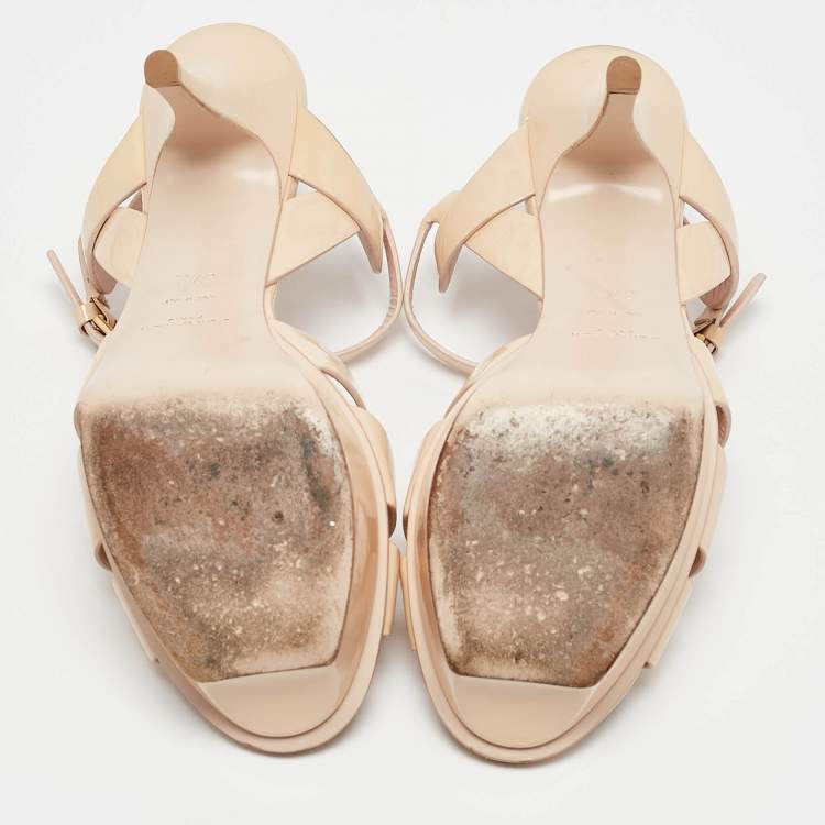 Pre Owned Saint Laurent Beige Patent Leather Tribute Sandals Size 37.5