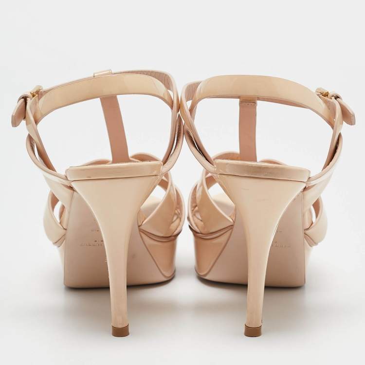 Pre Owned Saint Laurent Beige Patent Leather Tribute Sandals Size 37.5