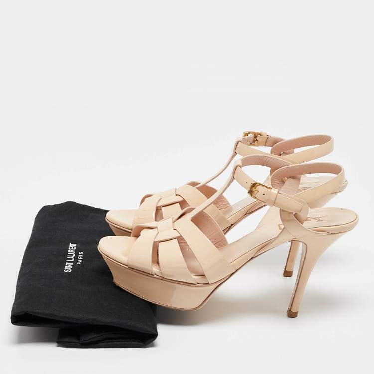 Pre Owned Saint Laurent Beige Patent Leather Tribute Sandals Size 37.5