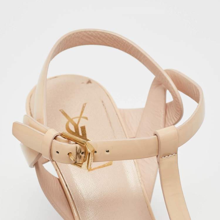Pre Owned Saint Laurent Beige Patent Leather Tribute Sandals Size 37.5