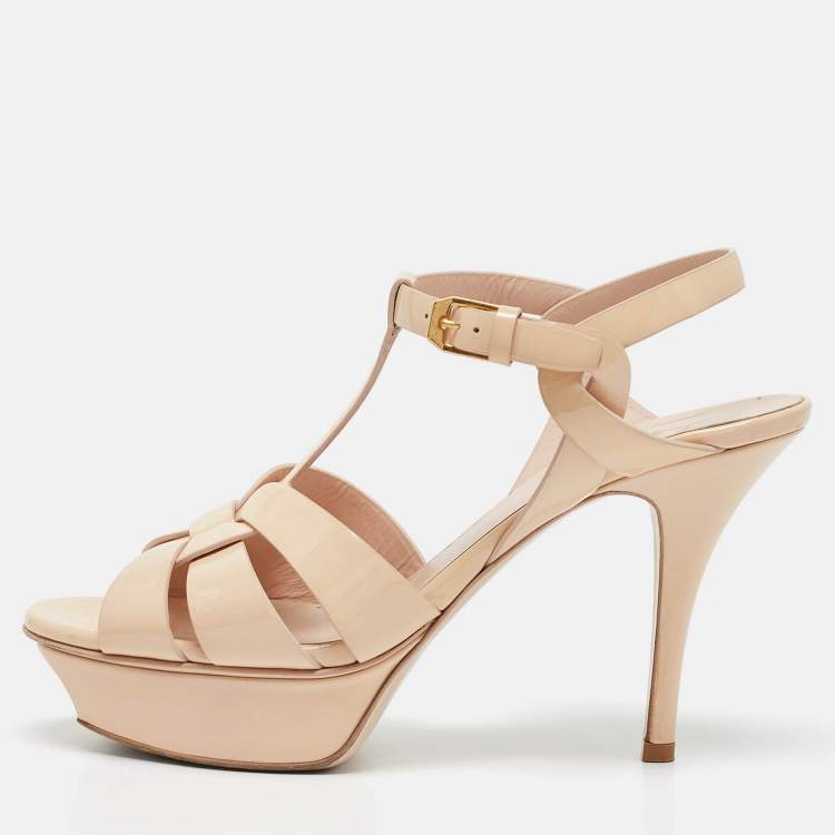Pre Owned Saint Laurent Beige Patent Leather Tribute Sandals Size 37.5