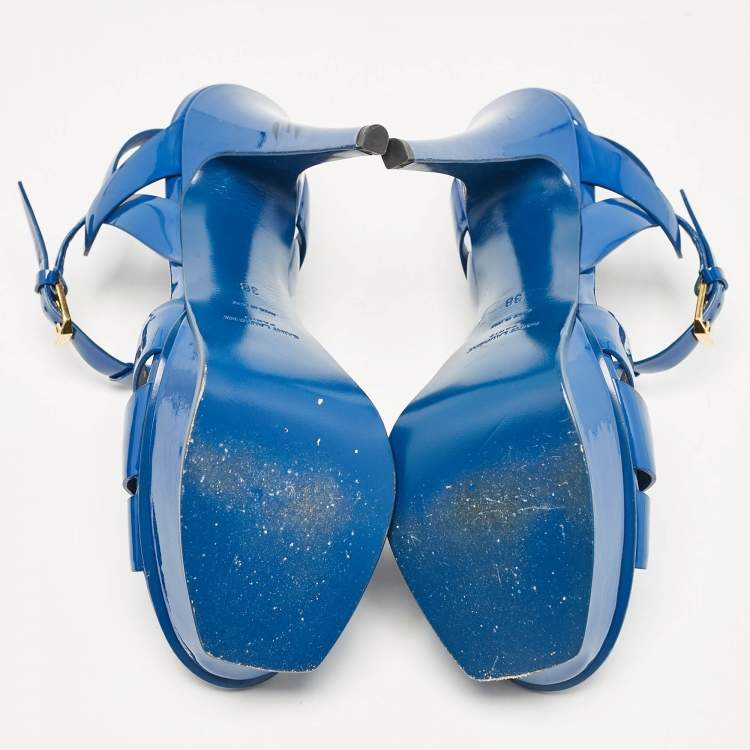 Pre Owned Saint Laurent Blue Patent Leather Tribute Platform Ankle Strap Sandals Size 38