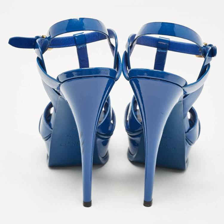 Pre Owned Saint Laurent Blue Patent Leather Tribute Platform Ankle Strap Sandals Size 38