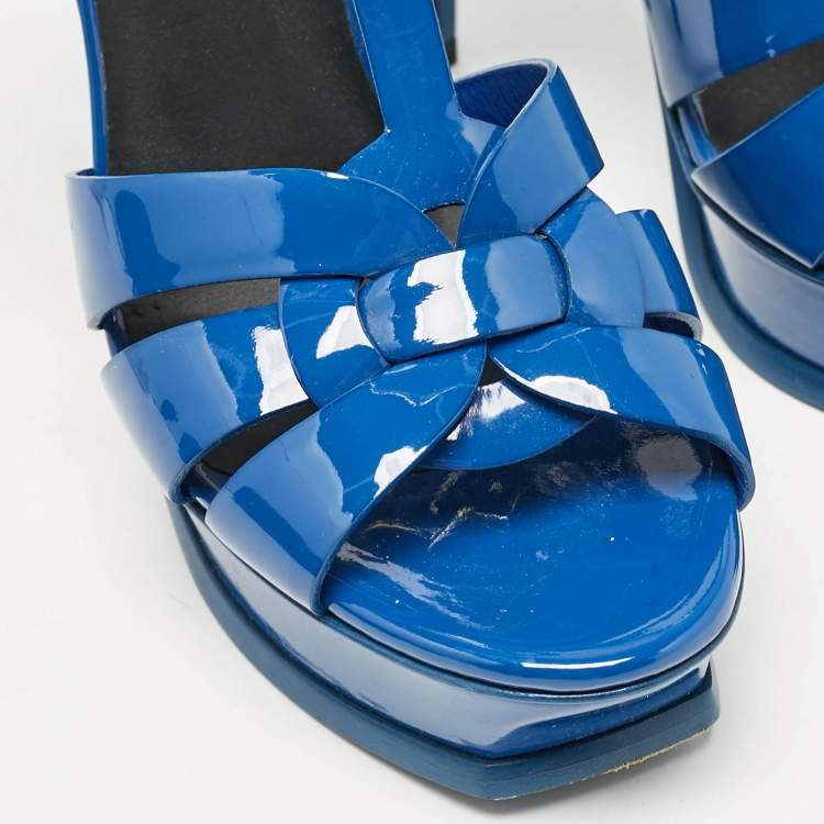 Pre Owned Saint Laurent Blue Patent Leather Tribute Platform Ankle Strap Sandals Size 38