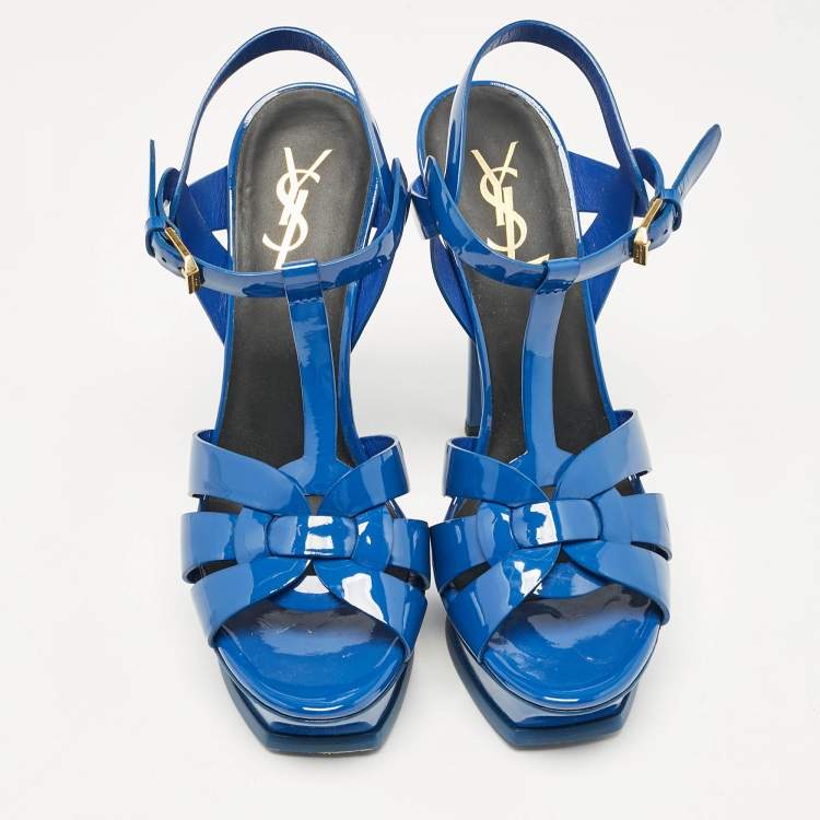 Pre Owned Saint Laurent Blue Patent Leather Tribute Platform Ankle Strap Sandals Size 38