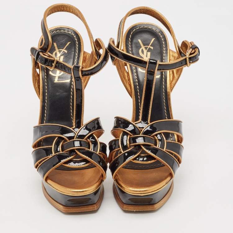 Pre Owned Yves Saint Laurent Black/Gold Patent and Leather Tribute Sandals Size 37