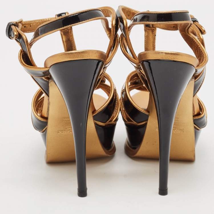 Pre Owned Yves Saint Laurent Black/Gold Patent and Leather Tribute Sandals Size 37