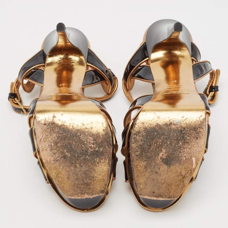 Pre Owned Yves Saint Laurent Black/Gold Patent and Leather Tribute Sandals Size 37