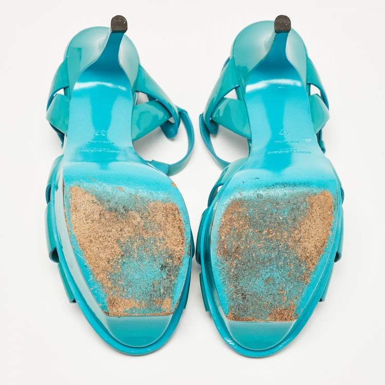 Pre Owned Saint Laurent Blue Patent Tribute Ankle Strap Sandals Size 37