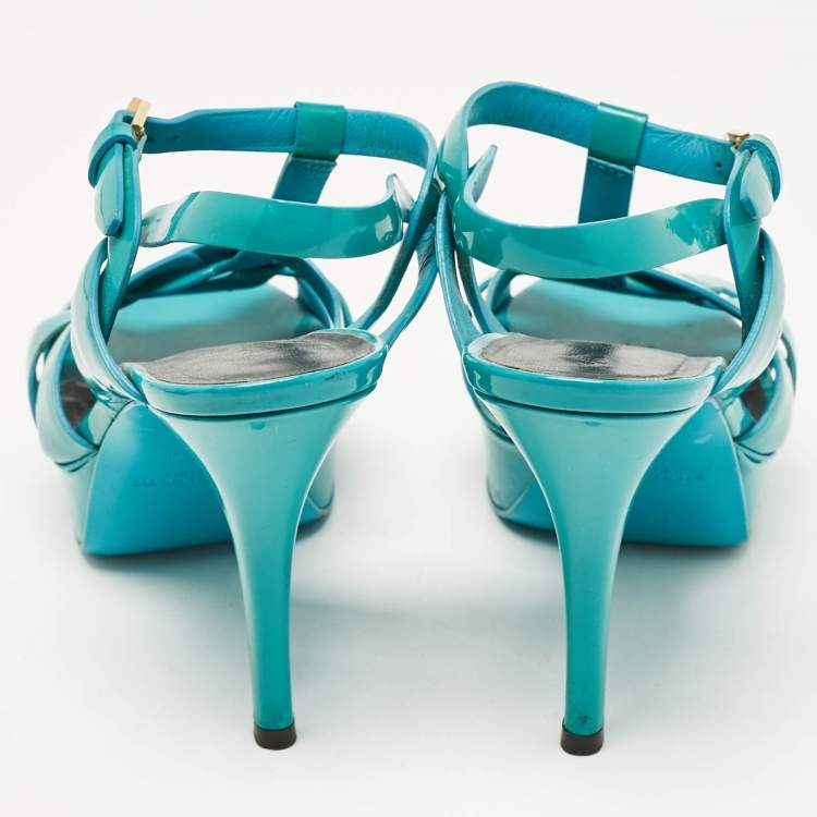 Pre Owned Saint Laurent Blue Patent Tribute Ankle Strap Sandals Size 37