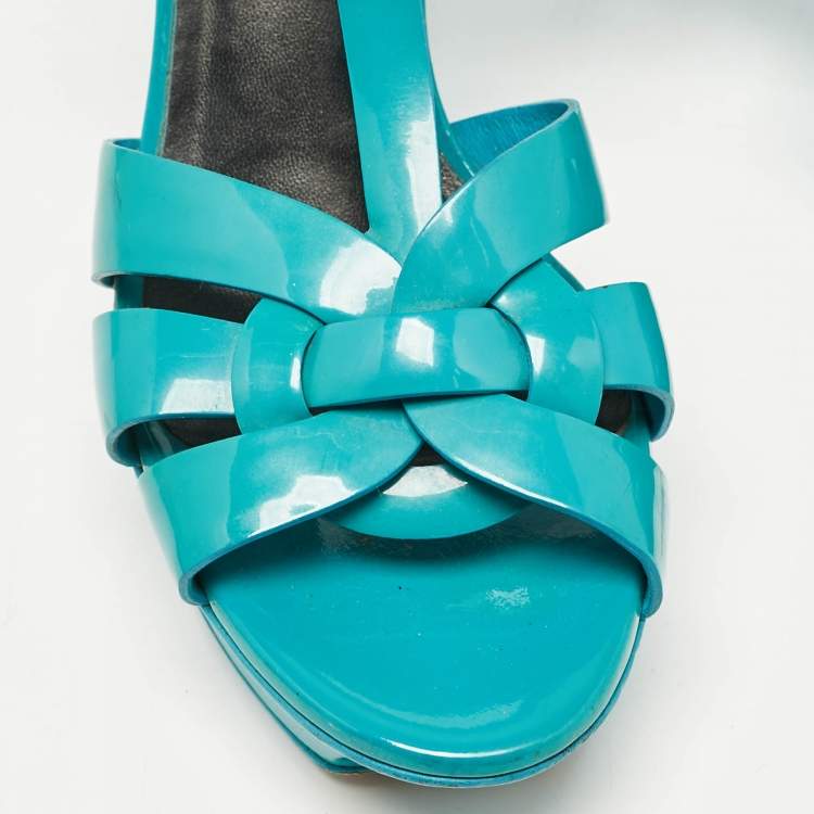 Pre Owned Saint Laurent Blue Patent Tribute Ankle Strap Sandals Size 37