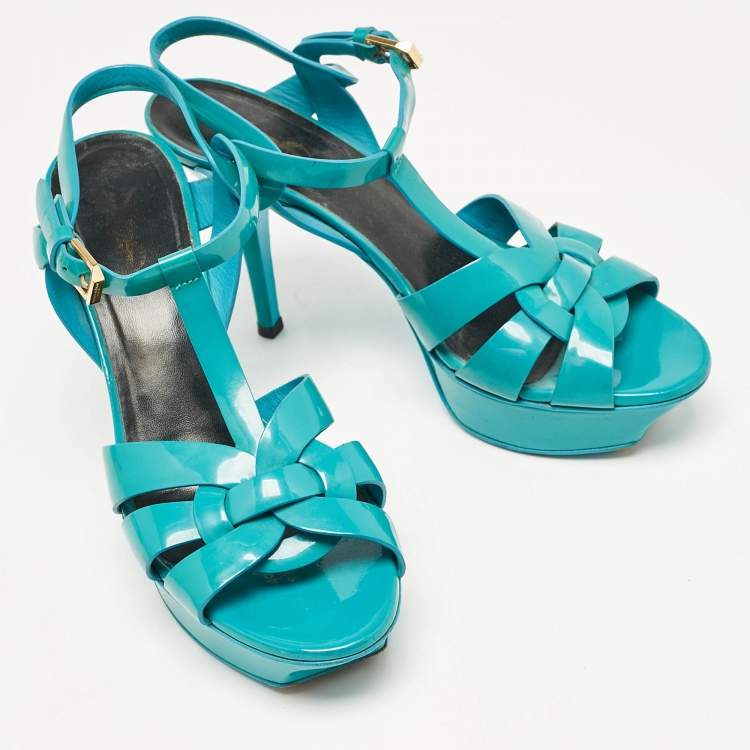 Pre Owned Saint Laurent Blue Patent Tribute Ankle Strap Sandals Size 37