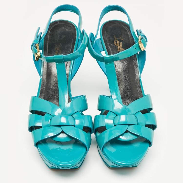 Pre Owned Saint Laurent Blue Patent Tribute Ankle Strap Sandals Size 37