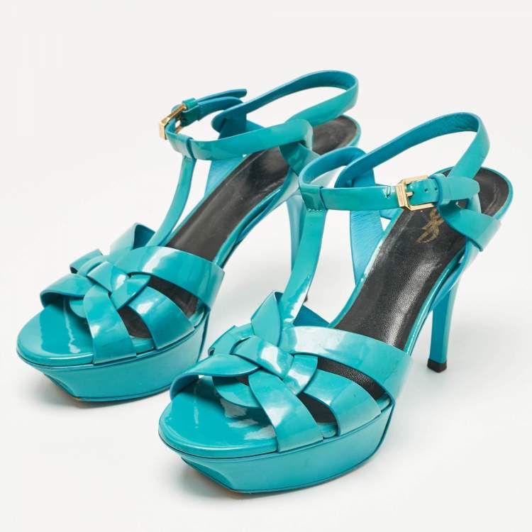 Pre Owned Saint Laurent Blue Patent Tribute Ankle Strap Sandals Size 37