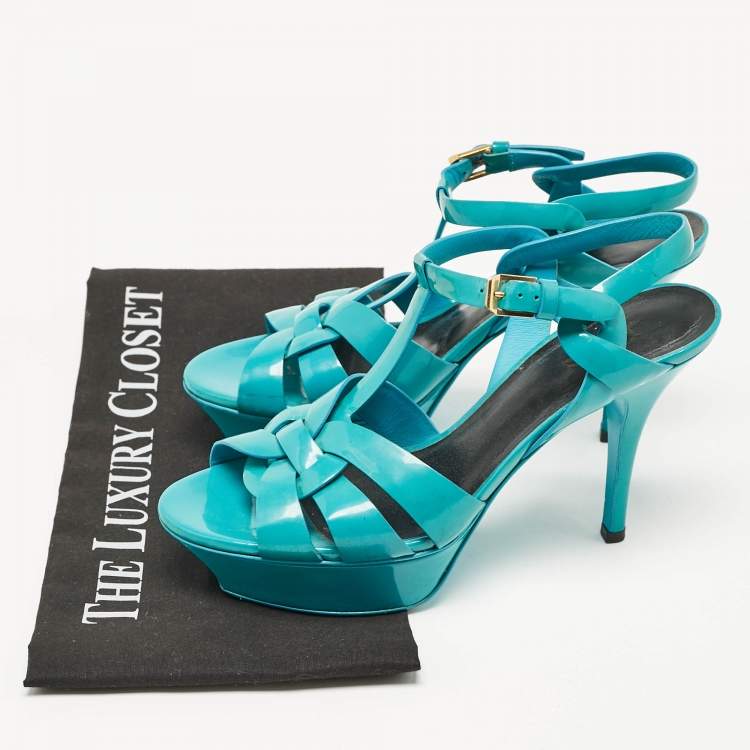 Pre Owned Saint Laurent Blue Patent Tribute Ankle Strap Sandals Size 37