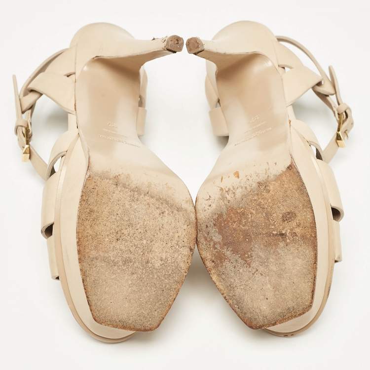 Pre Owned Saint Laurent Beige Leather Tribute Platform Sandals Size 37