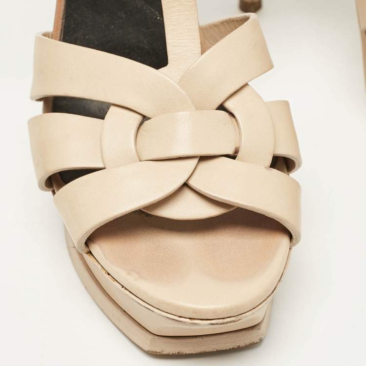 Pre Owned Saint Laurent Beige Leather Tribute Platform Sandals Size 37