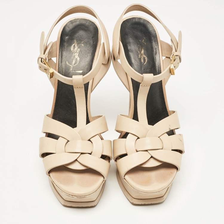 Pre Owned Saint Laurent Beige Leather Tribute Platform Sandals Size 37