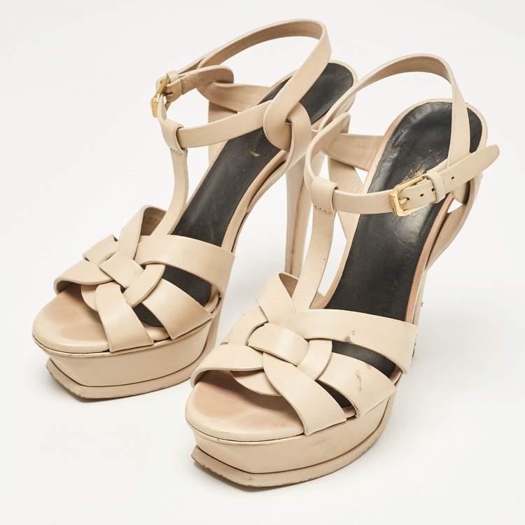 Pre Owned Saint Laurent Beige Leather Tribute Platform Sandals Size 37