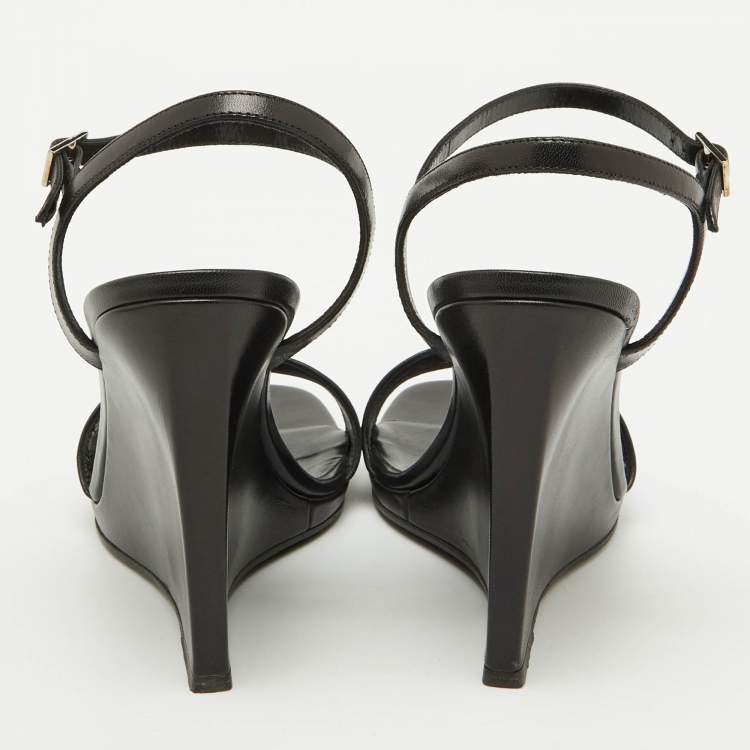 Pre Owned Saint Laurent Black Stars Leather Ankle Strap Wedge Sandals Size 39.5