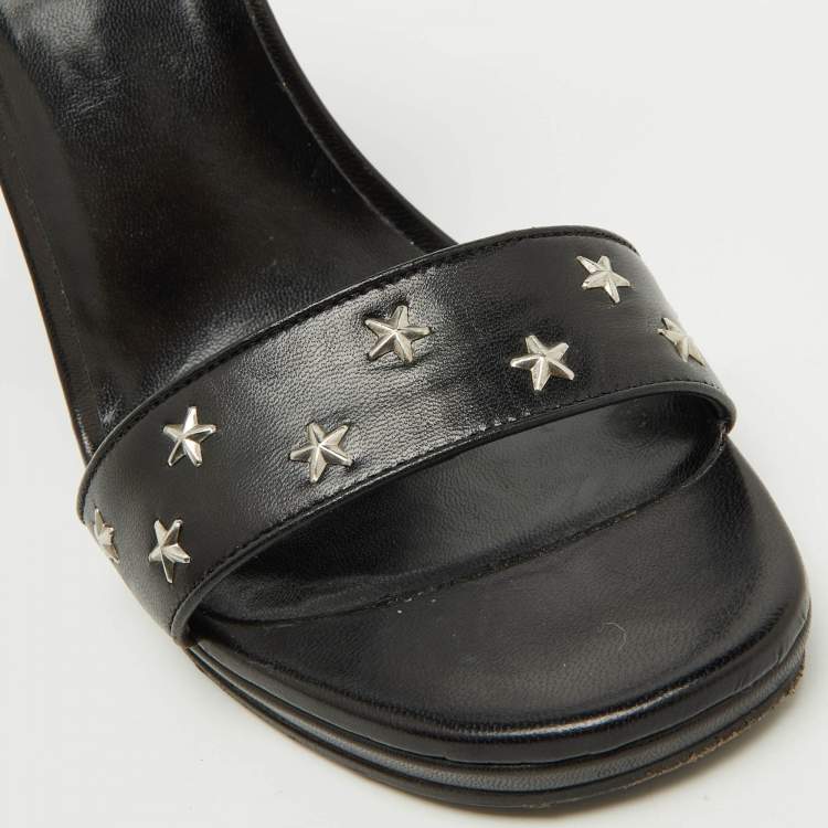 Pre Owned Saint Laurent Black Stars Leather Ankle Strap Wedge Sandals Size 39.5