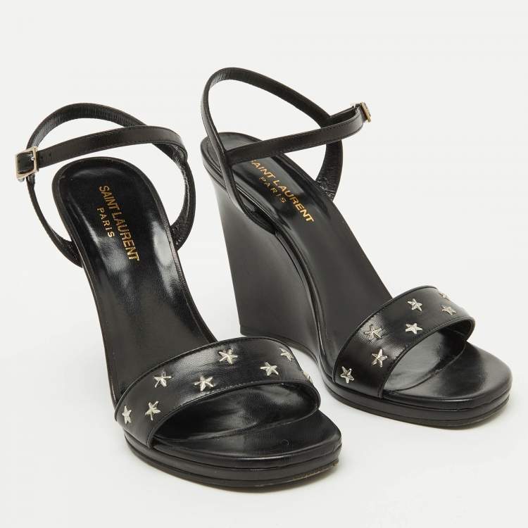 Pre Owned Saint Laurent Black Stars Leather Ankle Strap Wedge Sandals Size 39.5