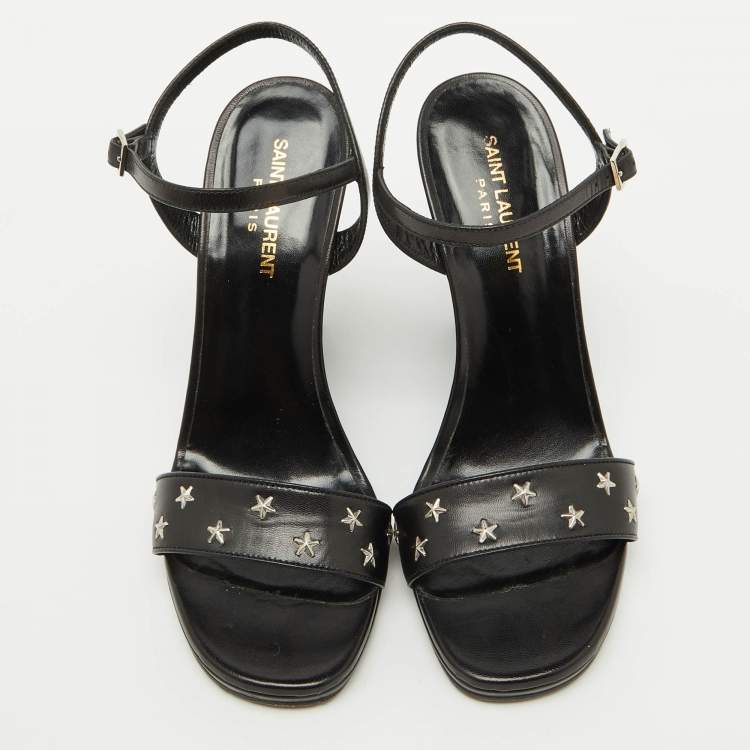 Pre Owned Saint Laurent Black Stars Leather Ankle Strap Wedge Sandals Size 39.5