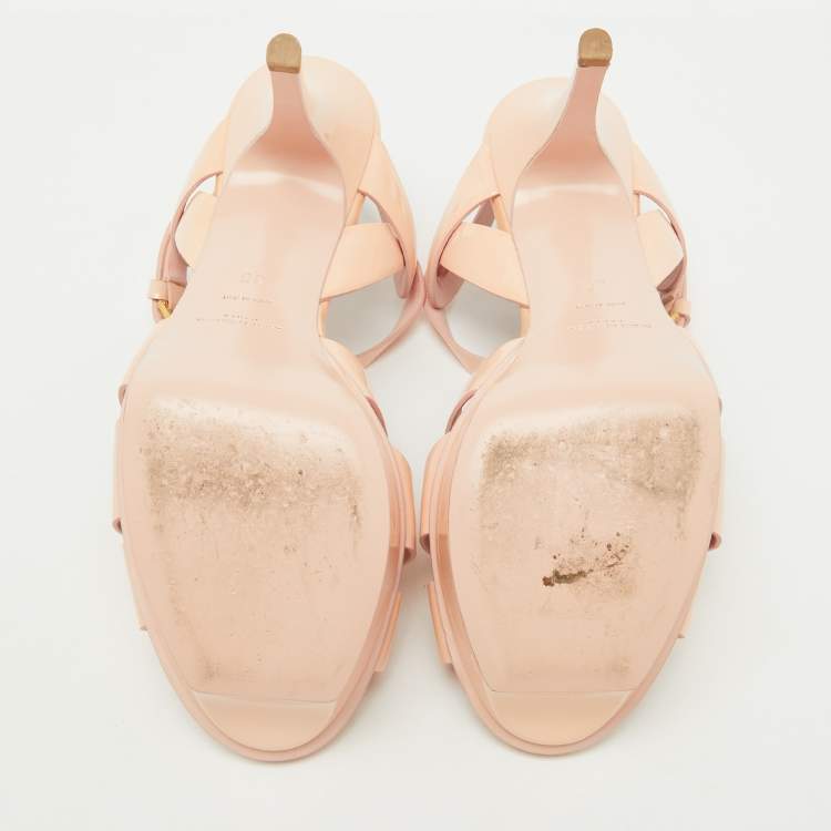 Pre Owned Saint Laurent Beige Patent Leather Tribute Platform Sandals Size 38