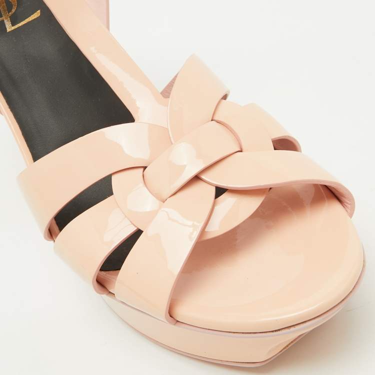 Pre Owned Saint Laurent Beige Patent Leather Tribute Platform Sandals Size 38