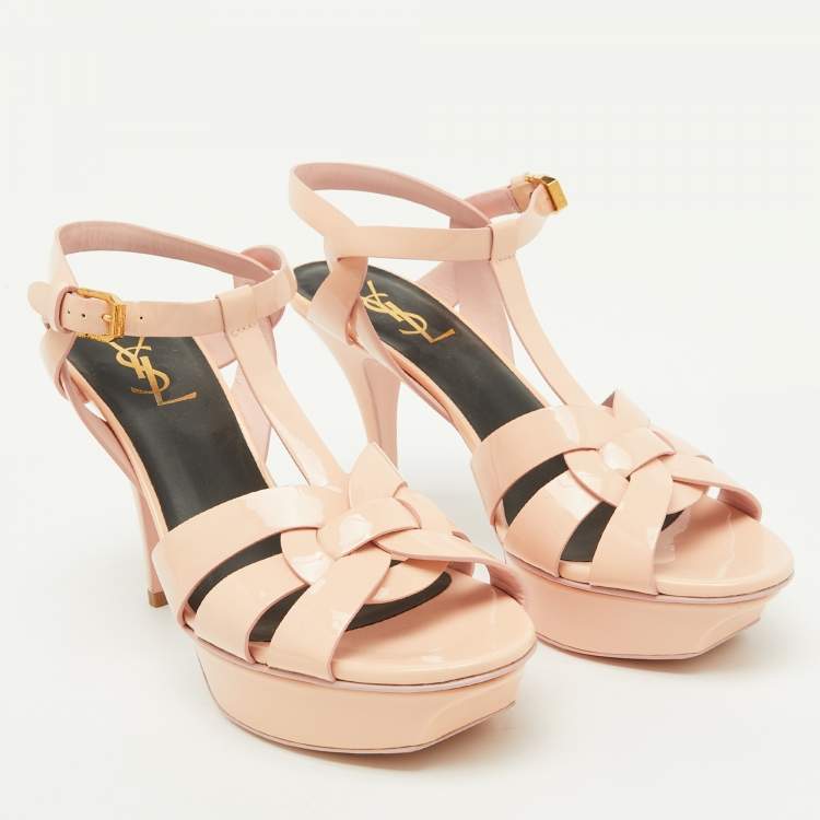 Pre Owned Saint Laurent Beige Patent Leather Tribute Platform Sandals Size 38