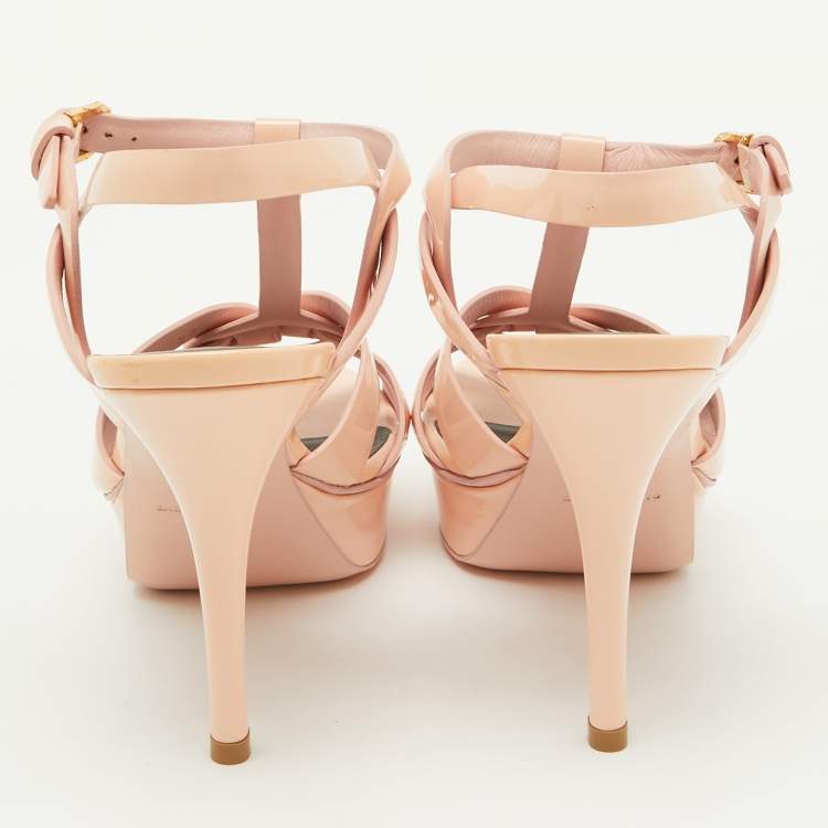 Pre Owned Saint Laurent Beige Patent Leather Tribute Platform Sandals Size 38