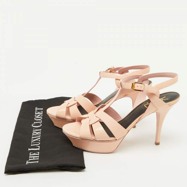 Pre Owned Saint Laurent Beige Patent Leather Tribute Platform Sandals Size 38