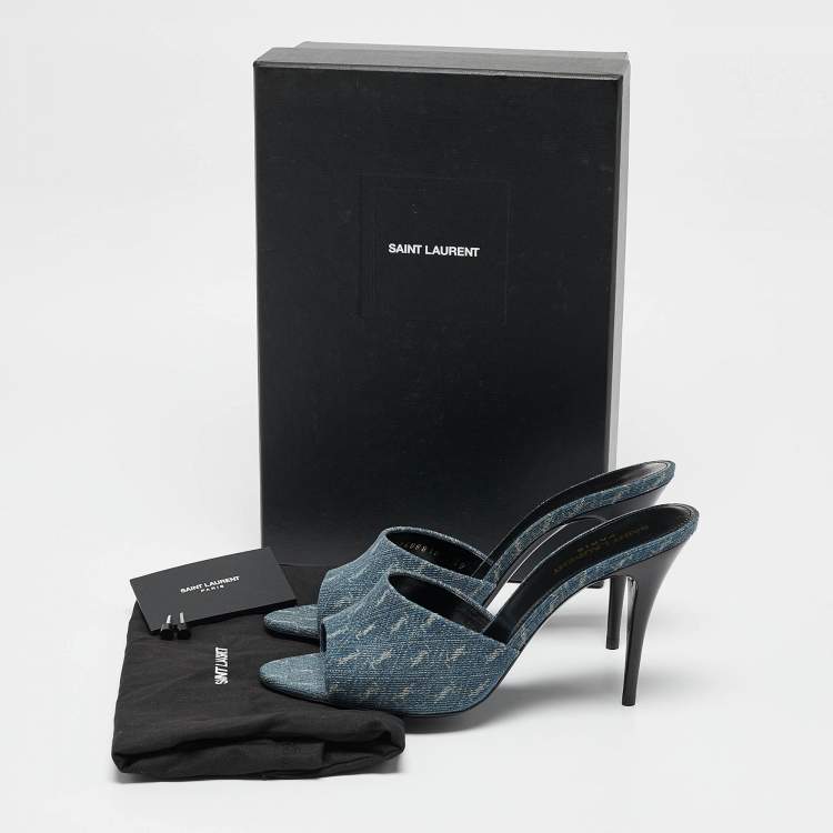 Pre Owned Saint Laurent Blue Monogram Denim LA 16 Slide Sandals Size 39