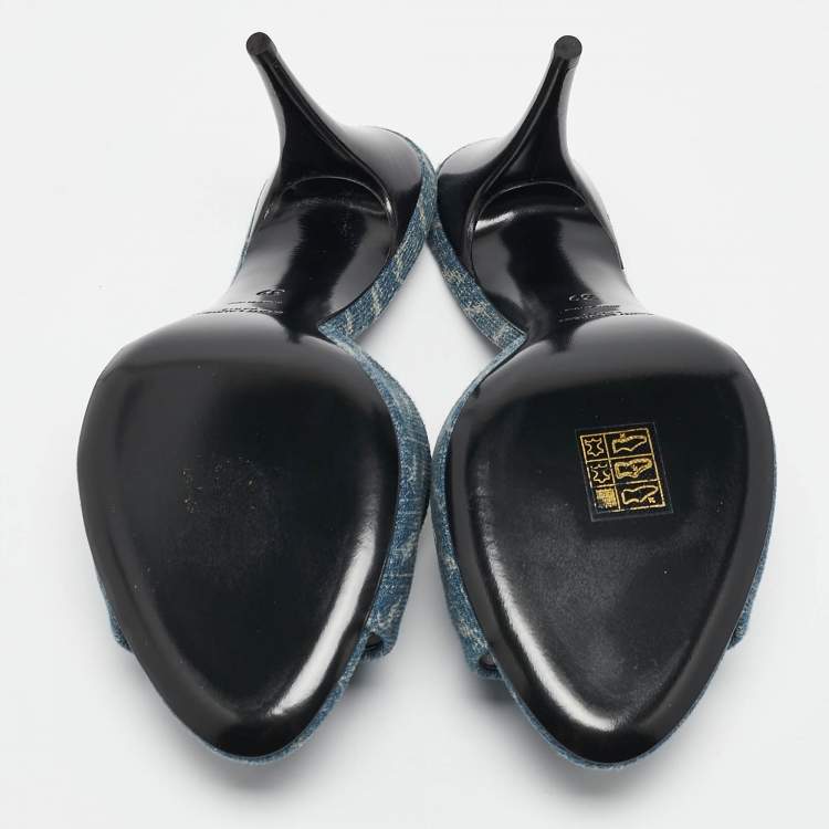 Pre Owned Saint Laurent Blue Monogram Denim LA 16 Slide Sandals Size 39