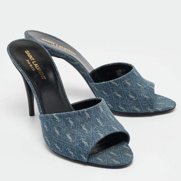 Pre Owned Saint Laurent Blue Monogram Denim LA 16 Slide Sandals Size 39