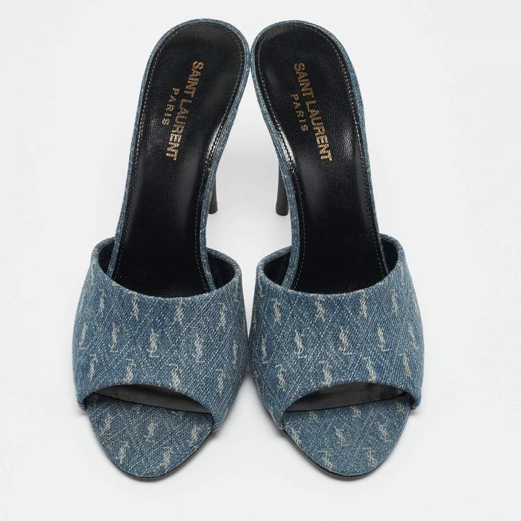 Pre Owned Saint Laurent Blue Monogram Denim LA 16 Slide Sandals Size 39