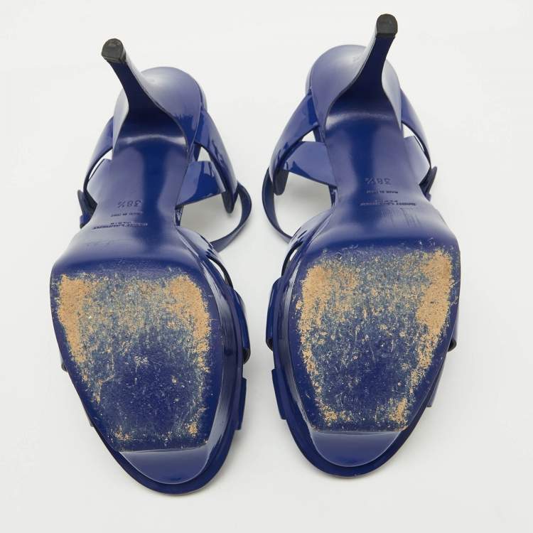 Pre Owned Saint Laurent Blue Patent Leather Tribute Platform Sandals Size 38.5