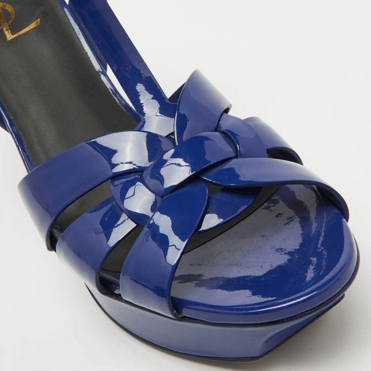 Pre Owned Saint Laurent Blue Patent Leather Tribute Platform Sandals Size 38.5