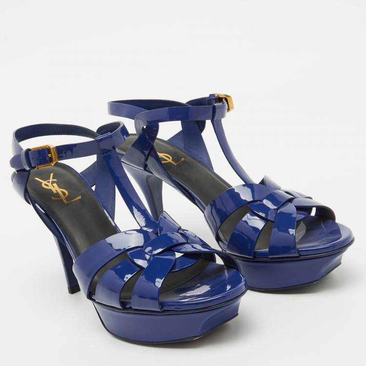 Pre Owned Saint Laurent Blue Patent Leather Tribute Platform Sandals Size 38.5