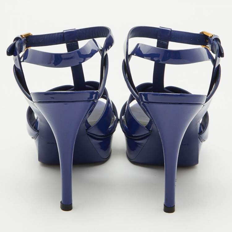 Pre Owned Saint Laurent Blue Patent Leather Tribute Platform Sandals Size 38.5