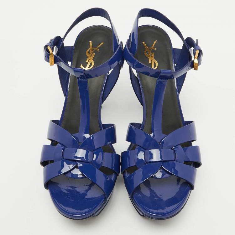 Pre Owned Saint Laurent Blue Patent Leather Tribute Platform Sandals Size 38.5