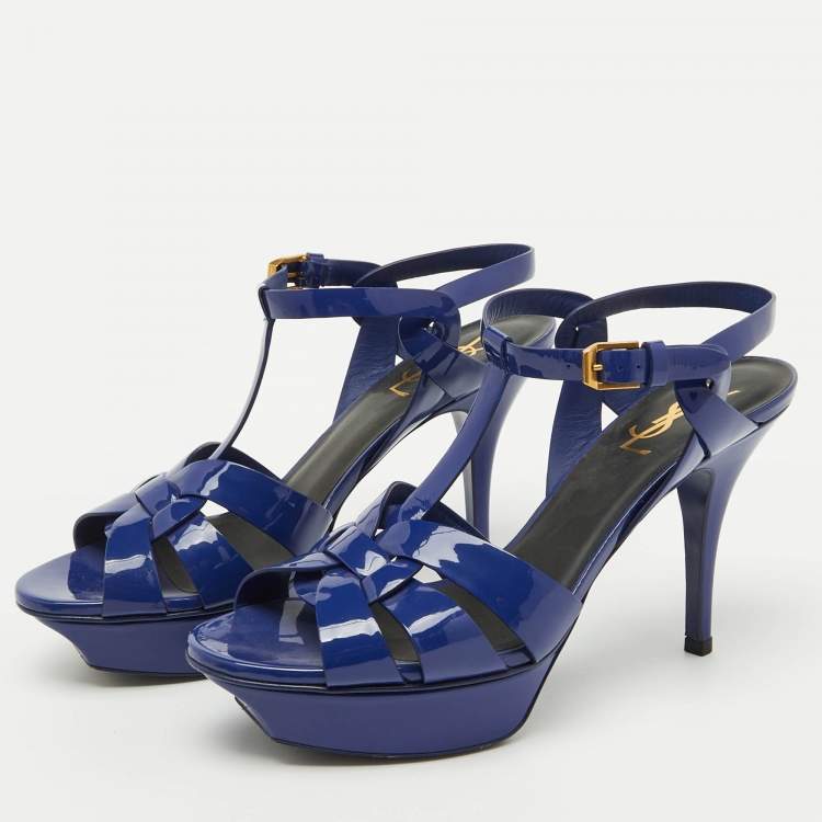 Pre Owned Saint Laurent Blue Patent Leather Tribute Platform Sandals Size 38.5