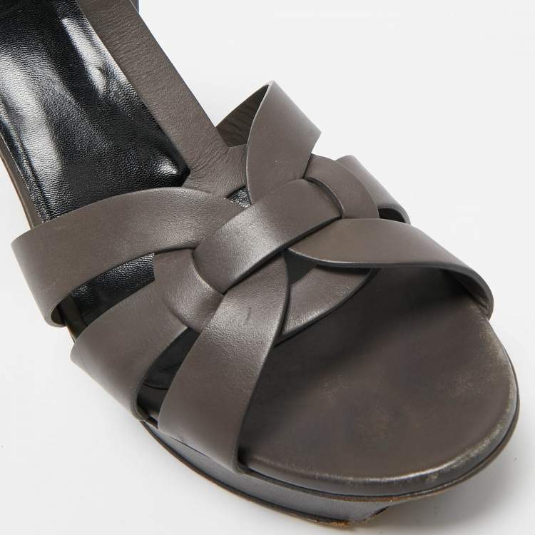 Pre Owned Saint Laurent Grey Leather Tribute Platform Sandals Size 42