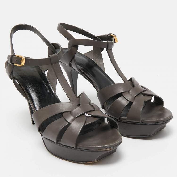 Pre Owned Saint Laurent Grey Leather Tribute Platform Sandals Size 42