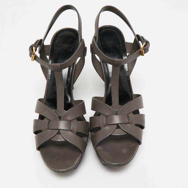 Pre Owned Saint Laurent Grey Leather Tribute Platform Sandals Size 42
