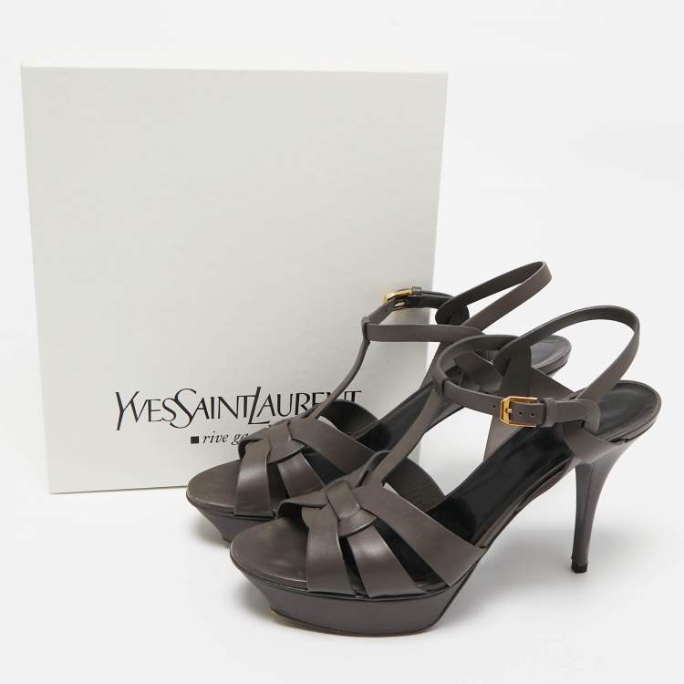 Pre Owned Saint Laurent Grey Leather Tribute Platform Sandals Size 42